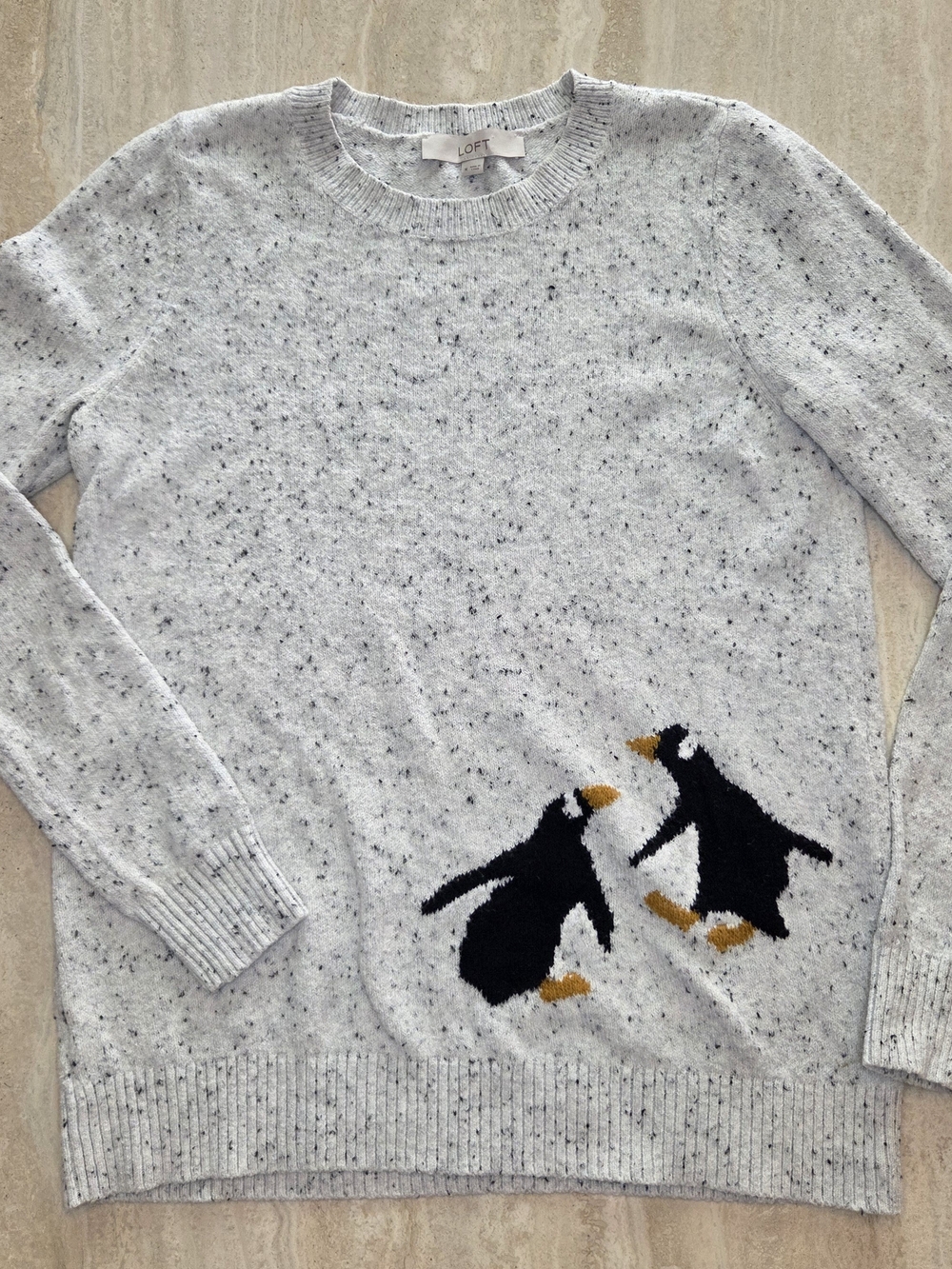 LOFT Penguin Crewneck Sweater Gray & Black Medium